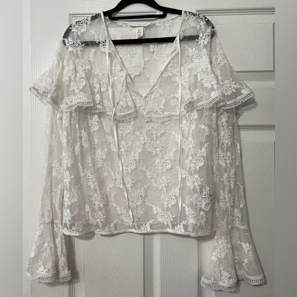 H&M Sheer White Floral Lace Blouse